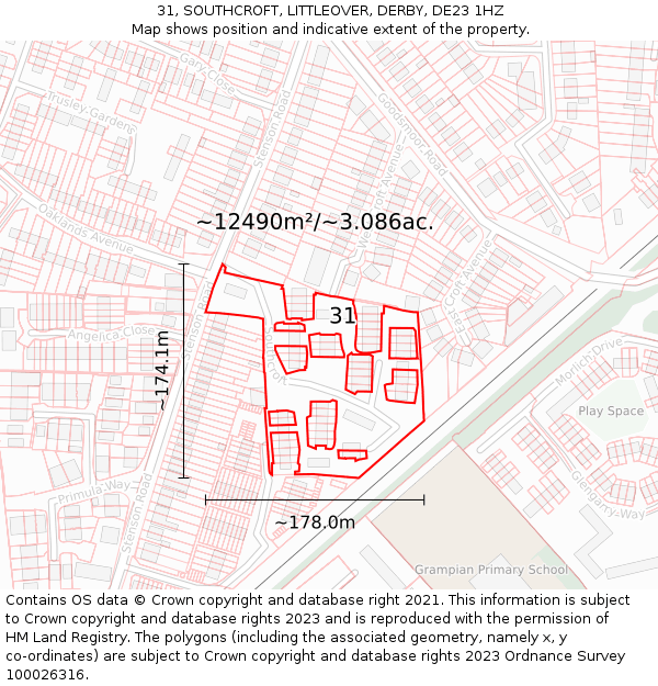 31, SOUTHCROFT, LITTLEOVER, DERBY, DE23 1HZ: Plot and title map