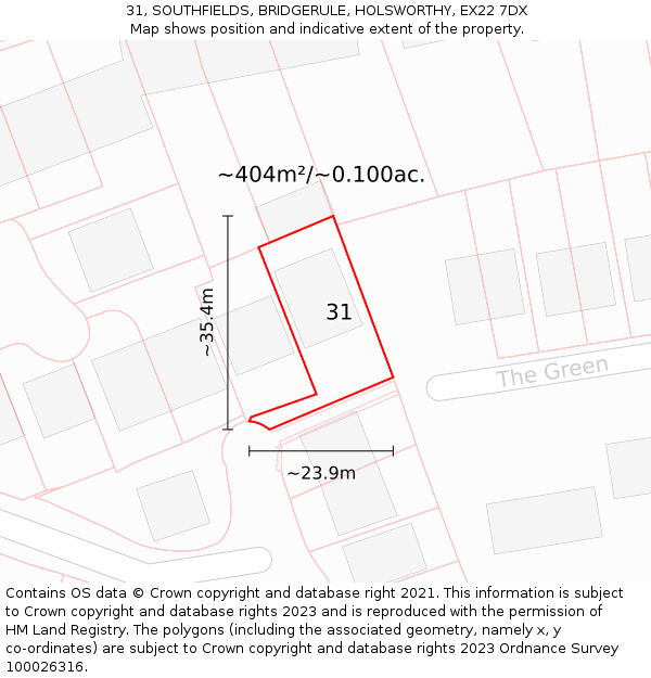 31, SOUTHFIELDS, BRIDGERULE, HOLSWORTHY, EX22 7DX: Plot and title map