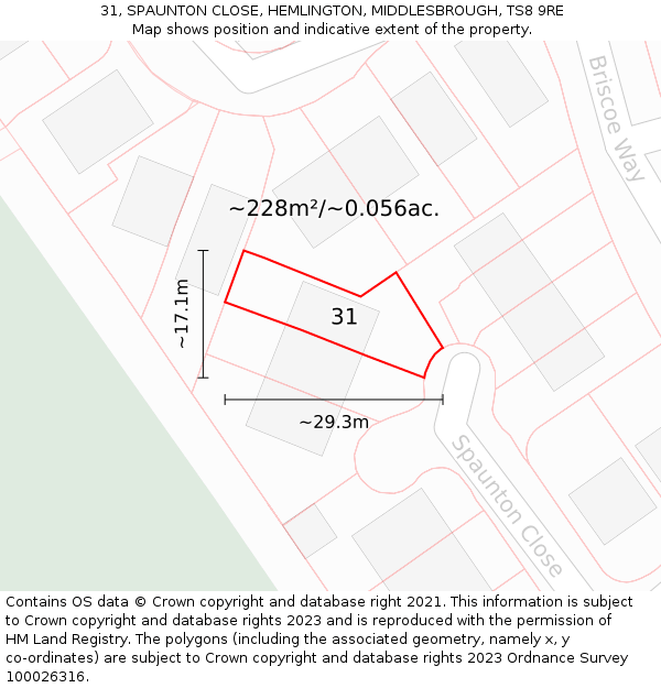 31, SPAUNTON CLOSE, HEMLINGTON, MIDDLESBROUGH, TS8 9RE: Plot and title map