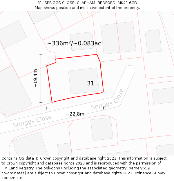 31, SPRIGGS CLOSE, CLAPHAM, BEDFORD, MK41 6GD: Plot and title map