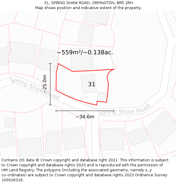31, SPRING SHAW ROAD, ORPINGTON, BR5 2RH: Plot and title map