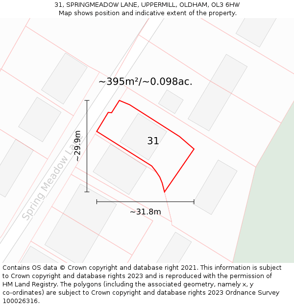 31, SPRINGMEADOW LANE, UPPERMILL, OLDHAM, OL3 6HW: Plot and title map
