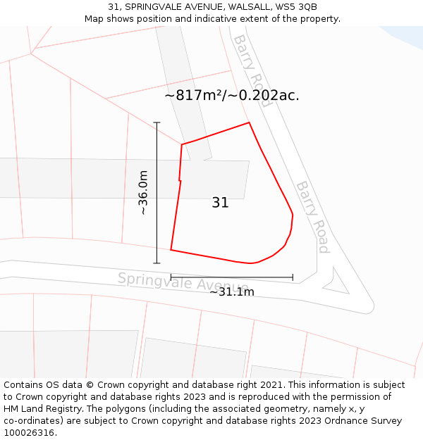 31, SPRINGVALE AVENUE, WALSALL, WS5 3QB: Plot and title map