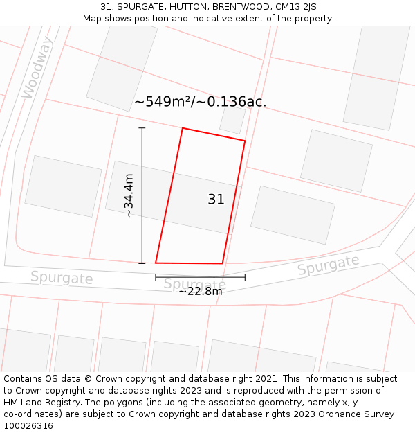 31, SPURGATE, HUTTON, BRENTWOOD, CM13 2JS: Plot and title map