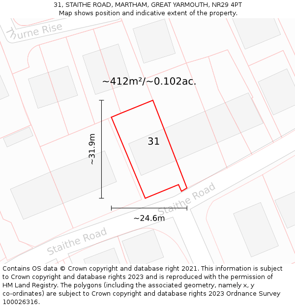 31, STAITHE ROAD, MARTHAM, GREAT YARMOUTH, NR29 4PT: Plot and title map