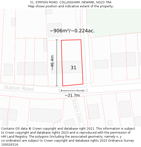 31, STATION ROAD, COLLINGHAM, NEWARK, NG23 7RA: Plot and title map