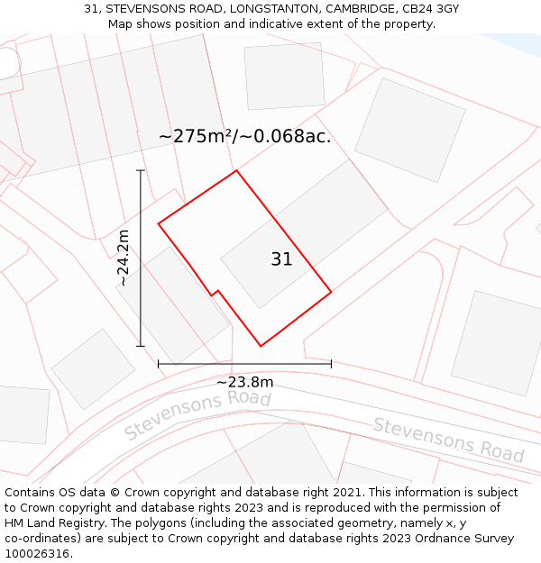 31, STEVENSONS ROAD, LONGSTANTON, CAMBRIDGE, CB24 3GY: Plot and title map