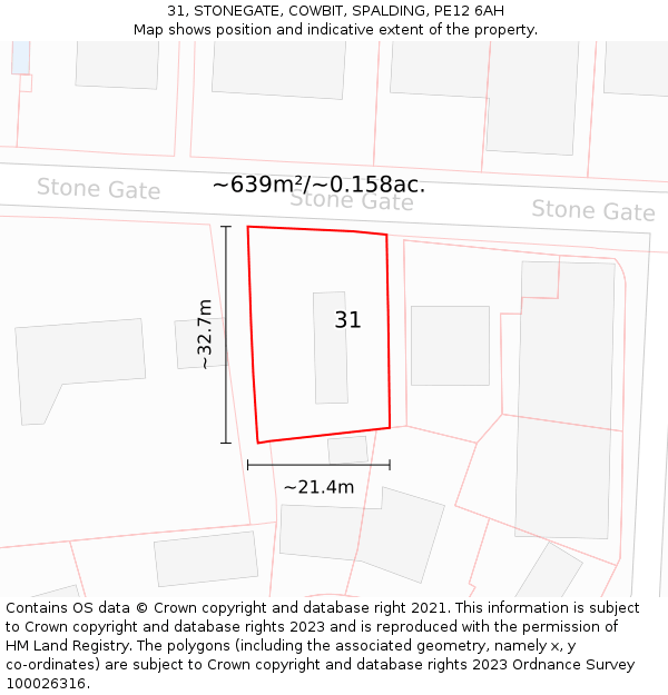 31, STONEGATE, COWBIT, SPALDING, PE12 6AH: Plot and title map