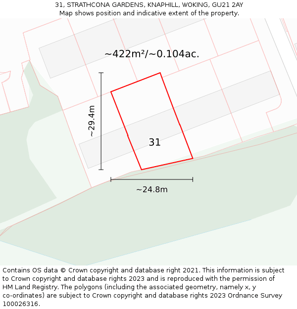 31, STRATHCONA GARDENS, KNAPHILL, WOKING, GU21 2AY: Plot and title map