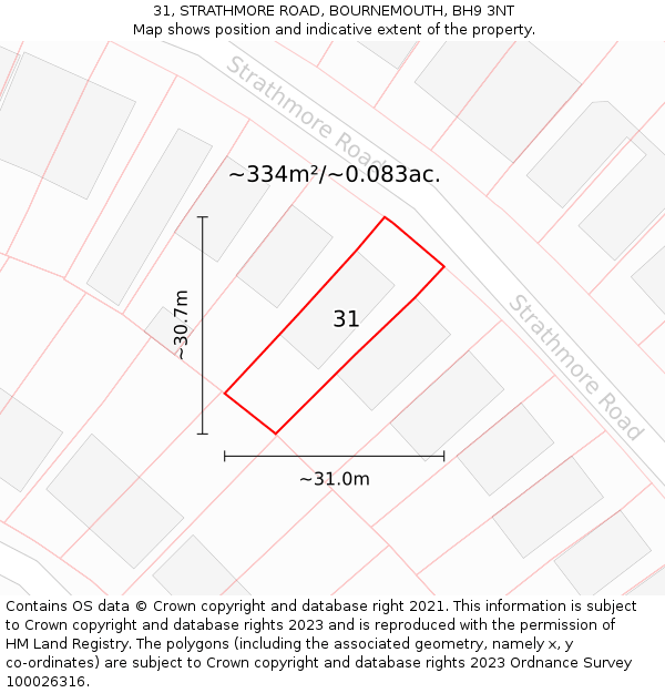 31, STRATHMORE ROAD, BOURNEMOUTH, BH9 3NT: Plot and title map