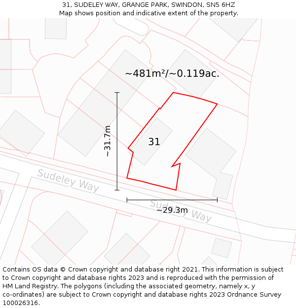 31, SUDELEY WAY, GRANGE PARK, SWINDON, SN5 6HZ: Plot and title map