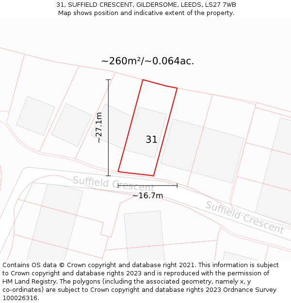31, SUFFIELD CRESCENT, GILDERSOME, LEEDS, LS27 7WB: Plot and title map