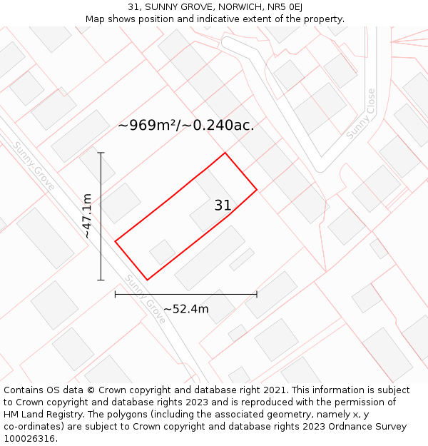 31, SUNNY GROVE, NORWICH, NR5 0EJ: Plot and title map