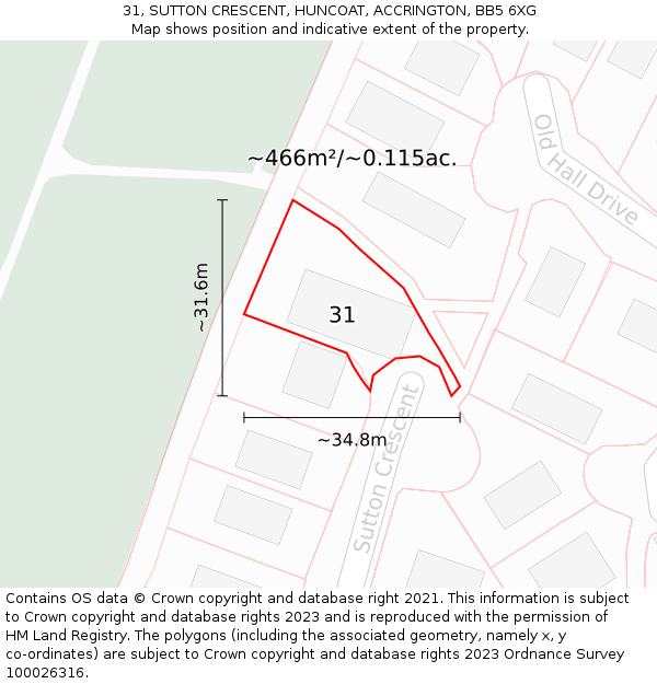 31, SUTTON CRESCENT, HUNCOAT, ACCRINGTON, BB5 6XG: Plot and title map