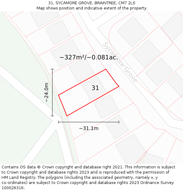 31, SYCAMORE GROVE, BRAINTREE, CM7 2LS: Plot and title map