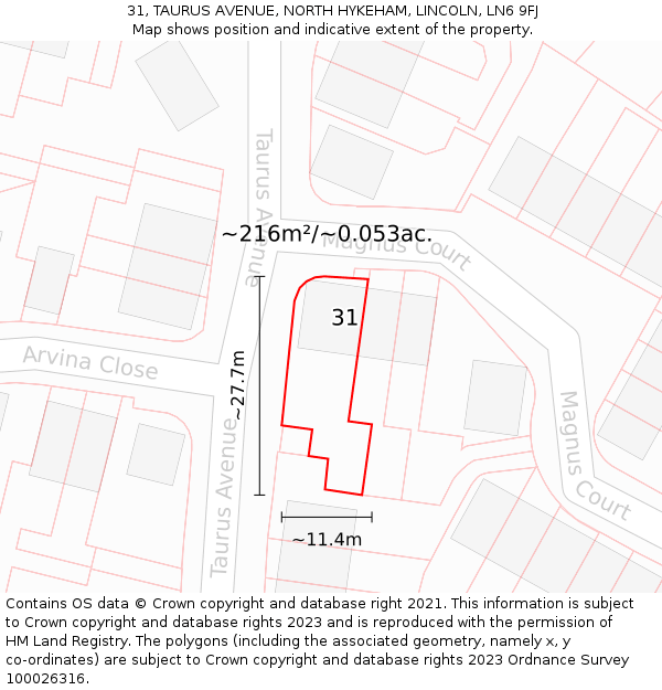 31, TAURUS AVENUE, NORTH HYKEHAM, LINCOLN, LN6 9FJ: Plot and title map