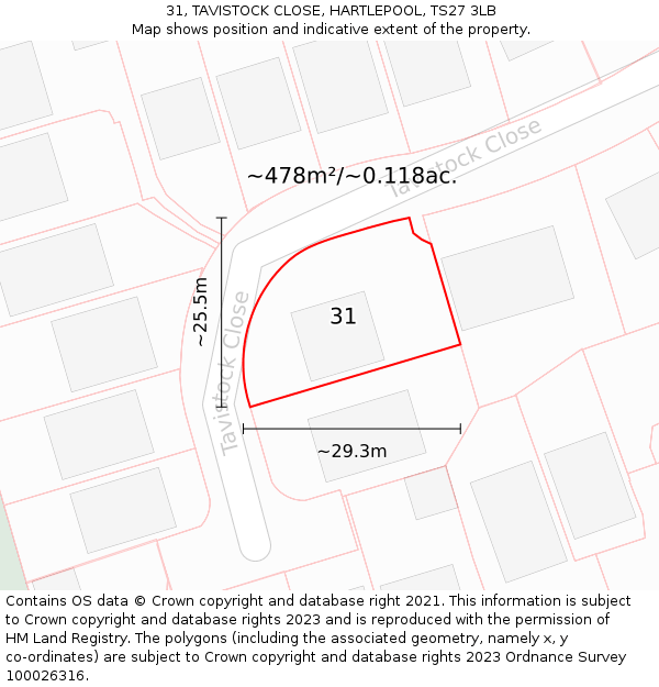 31, TAVISTOCK CLOSE, HARTLEPOOL, TS27 3LB: Plot and title map