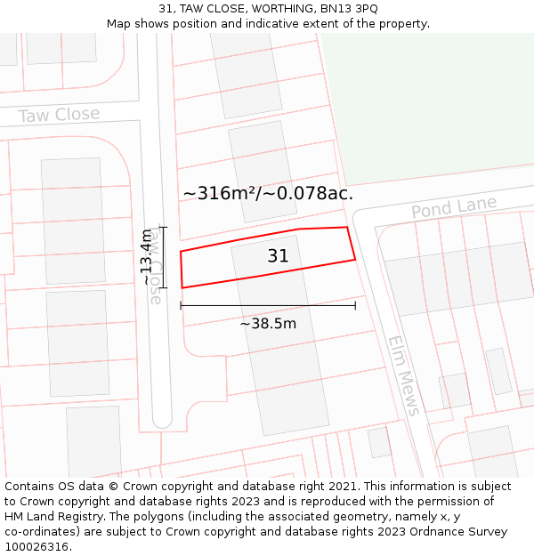 31, TAW CLOSE, WORTHING, BN13 3PQ: Plot and title map