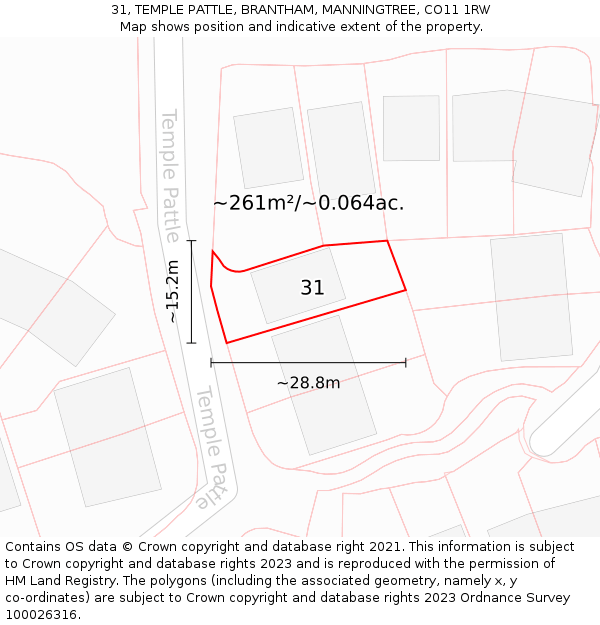 31, TEMPLE PATTLE, BRANTHAM, MANNINGTREE, CO11 1RW: Plot and title map
