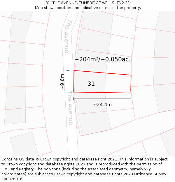31, THE AVENUE, TUNBRIDGE WELLS, TN2 3FJ: Plot and title map