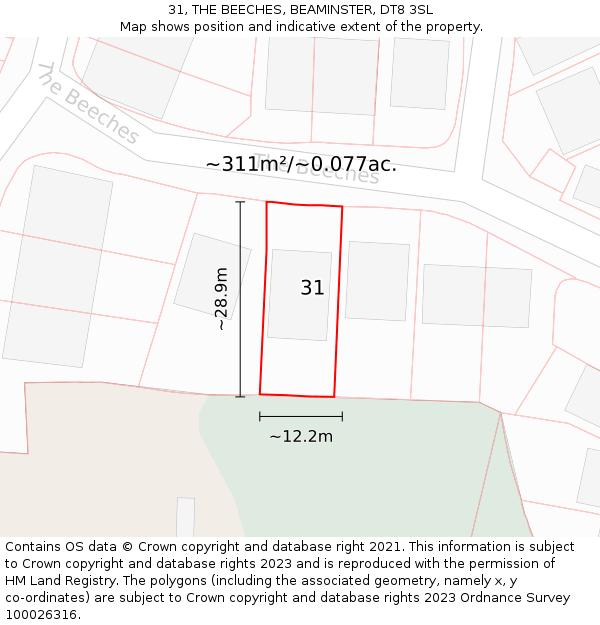 31, THE BEECHES, BEAMINSTER, DT8 3SL: Plot and title map