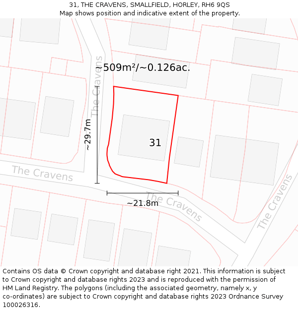 31, THE CRAVENS, SMALLFIELD, HORLEY, RH6 9QS: Plot and title map