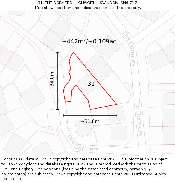 31, THE DORMERS, HIGHWORTH, SWINDON, SN6 7NZ: Plot and title map