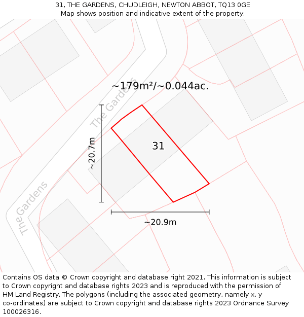 31, THE GARDENS, CHUDLEIGH, NEWTON ABBOT, TQ13 0GE: Plot and title map