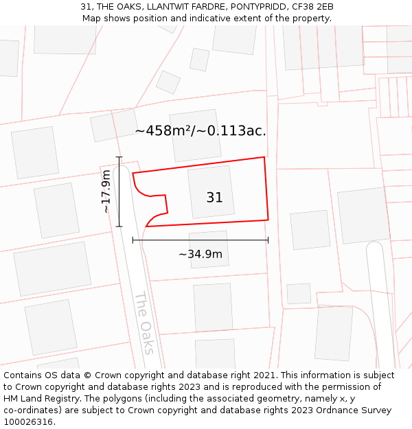 31, THE OAKS, LLANTWIT FARDRE, PONTYPRIDD, CF38 2EB: Plot and title map