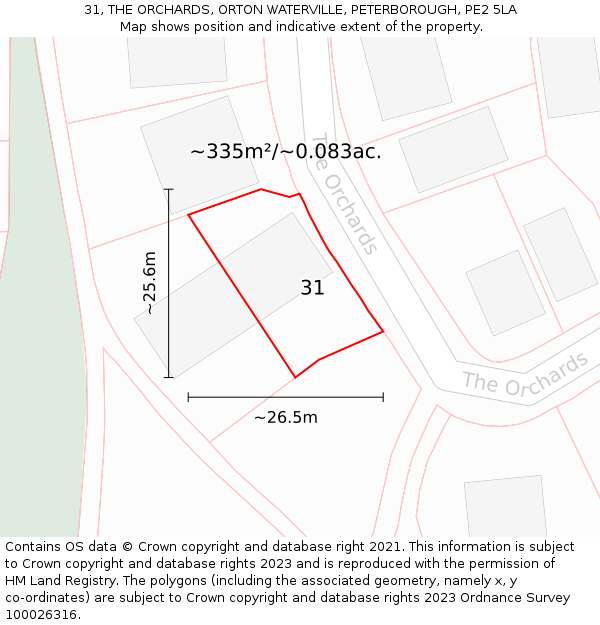31, THE ORCHARDS, ORTON WATERVILLE, PETERBOROUGH, PE2 5LA: Plot and title map