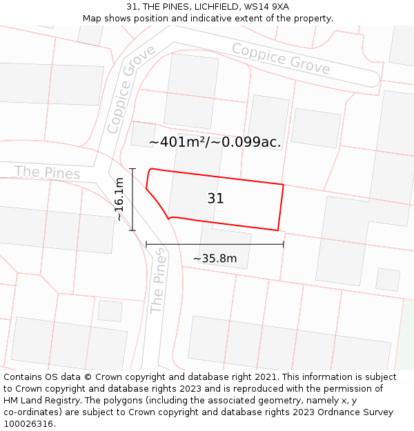 31, THE PINES, LICHFIELD, WS14 9XA: Plot and title map