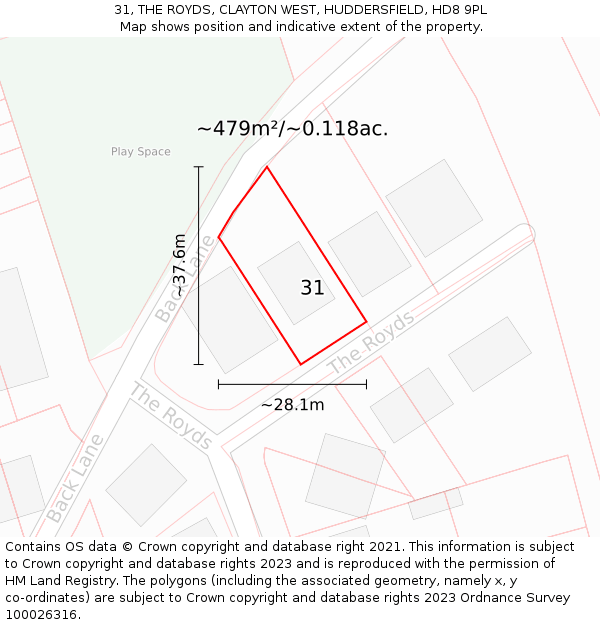 31, THE ROYDS, CLAYTON WEST, HUDDERSFIELD, HD8 9PL: Plot and title map