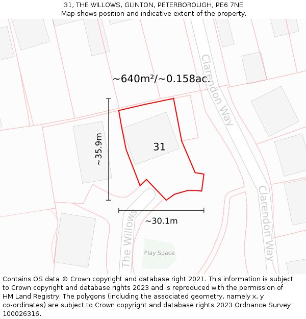 31, THE WILLOWS, GLINTON, PETERBOROUGH, PE6 7NE: Plot and title map