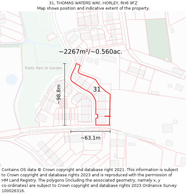 31, THOMAS WATERS WAY, HORLEY, RH6 9FZ: Plot and title map