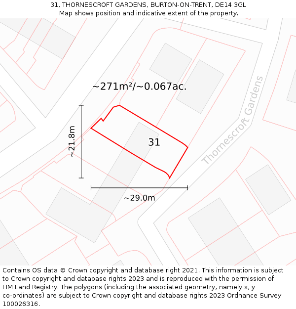 31, THORNESCROFT GARDENS, BURTON-ON-TRENT, DE14 3GL: Plot and title map