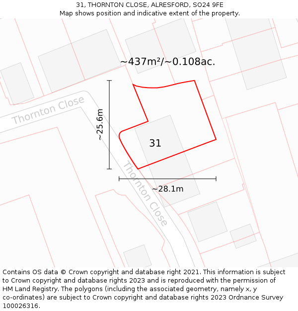 31, THORNTON CLOSE, ALRESFORD, SO24 9FE: Plot and title map