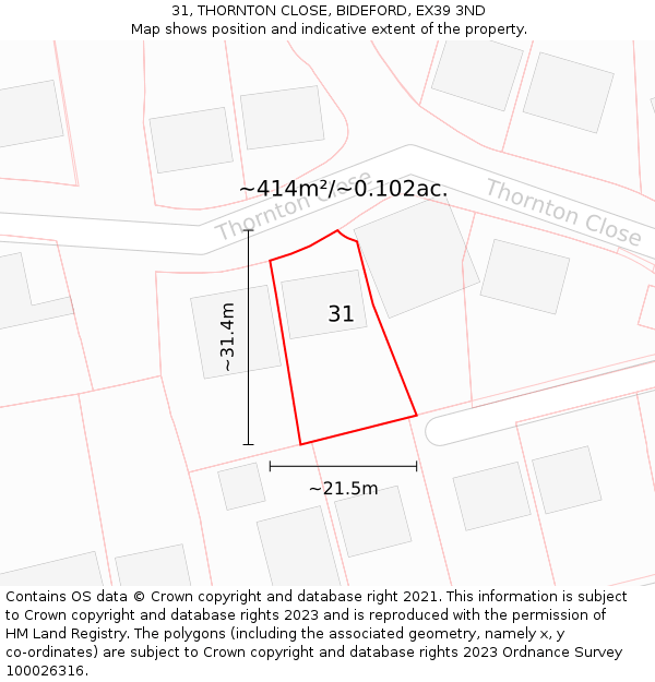 31, THORNTON CLOSE, BIDEFORD, EX39 3ND: Plot and title map