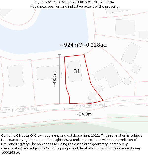 31, THORPE MEADOWS, PETERBOROUGH, PE3 6GA: Plot and title map