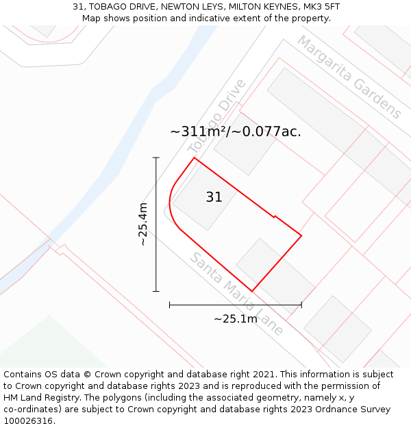 31, TOBAGO DRIVE, NEWTON LEYS, MILTON KEYNES, MK3 5FT: Plot and title map
