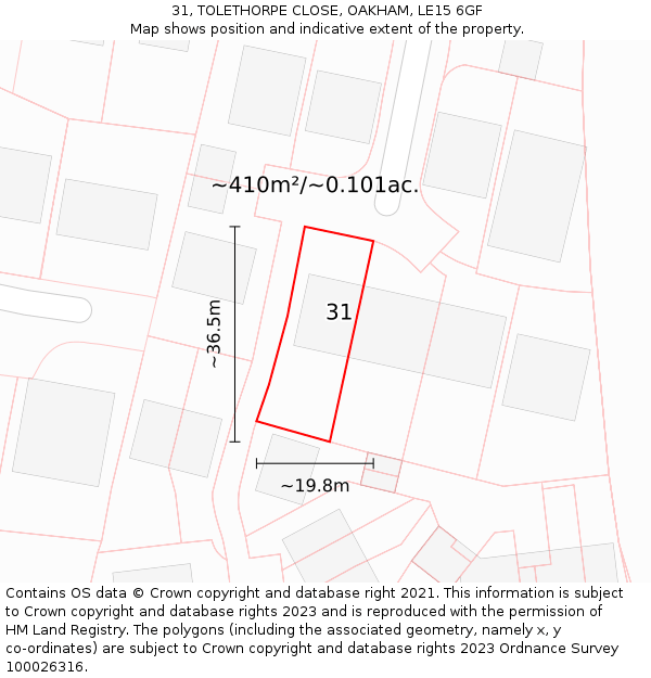 31, TOLETHORPE CLOSE, OAKHAM, LE15 6GF: Plot and title map