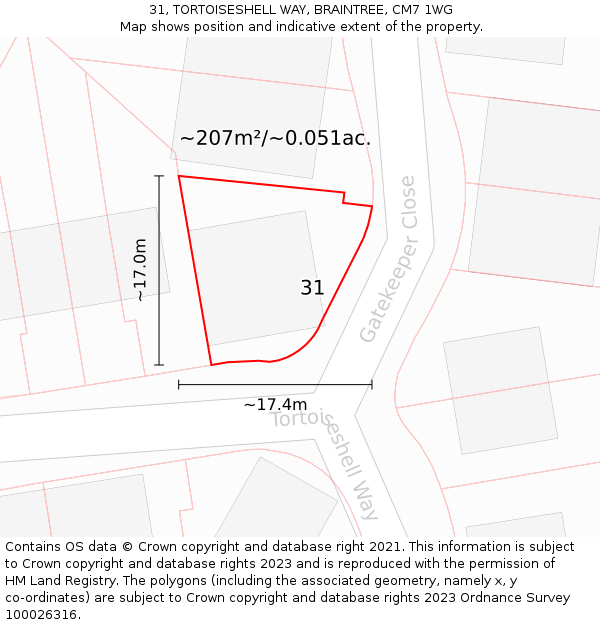 31, TORTOISESHELL WAY, BRAINTREE, CM7 1WG: Plot and title map