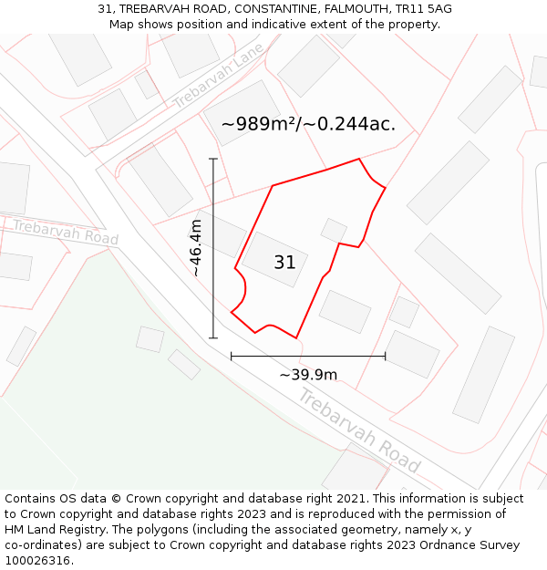 31, TREBARVAH ROAD, CONSTANTINE, FALMOUTH, TR11 5AG: Plot and title map