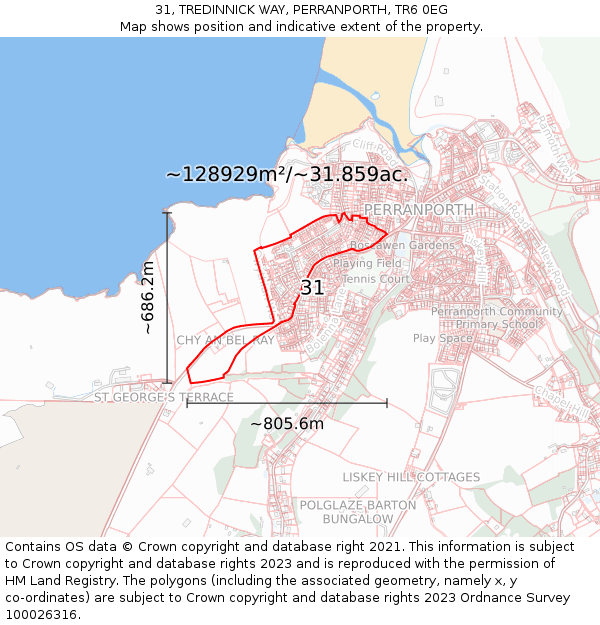 31, TREDINNICK WAY, PERRANPORTH, TR6 0EG: Plot and title map
