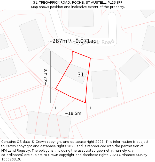 31, TREGARRICK ROAD, ROCHE, ST AUSTELL, PL26 8FF: Plot and title map