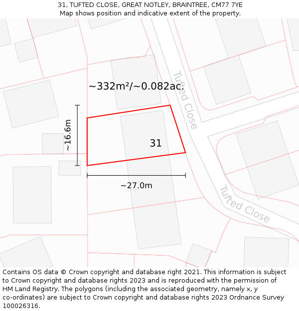 31, TUFTED CLOSE, GREAT NOTLEY, BRAINTREE, CM77 7YE: Plot and title map
