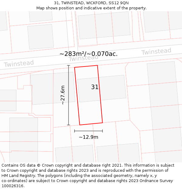 31, TWINSTEAD, WICKFORD, SS12 9QN: Plot and title map