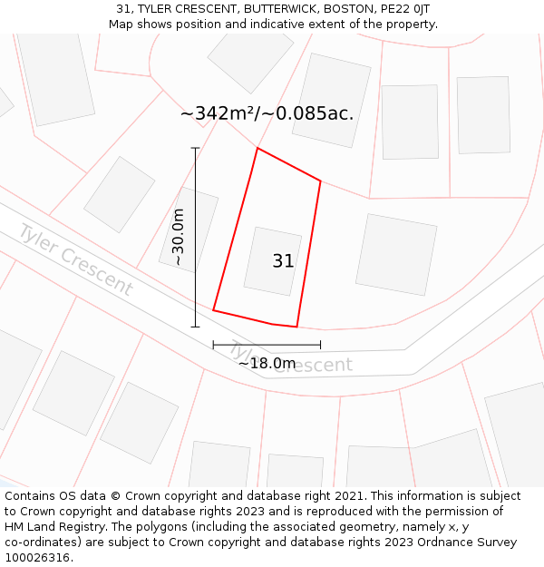 31, TYLER CRESCENT, BUTTERWICK, BOSTON, PE22 0JT: Plot and title map