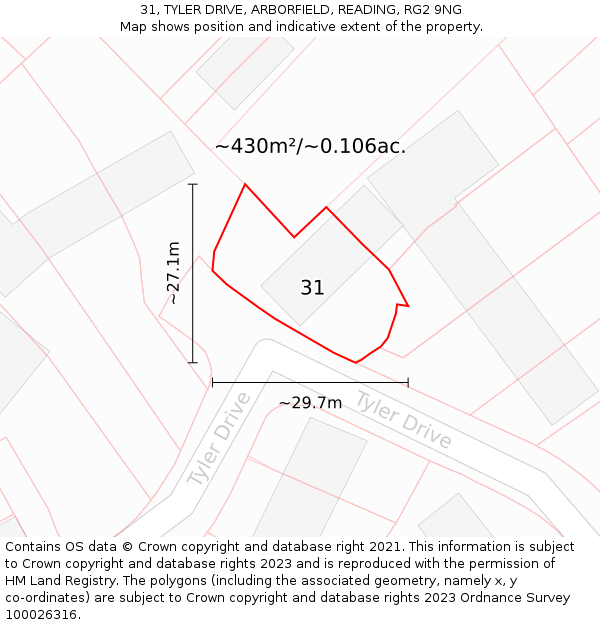 31, TYLER DRIVE, ARBORFIELD, READING, RG2 9NG: Plot and title map