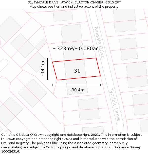 31, TYNDALE DRIVE, JAYWICK, CLACTON-ON-SEA, CO15 2PT: Plot and title map