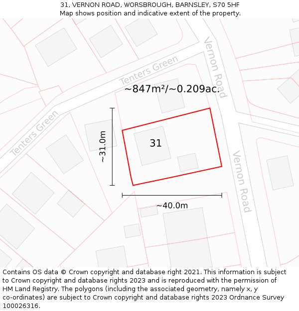 31, VERNON ROAD, WORSBROUGH, BARNSLEY, S70 5HF: Plot and title map